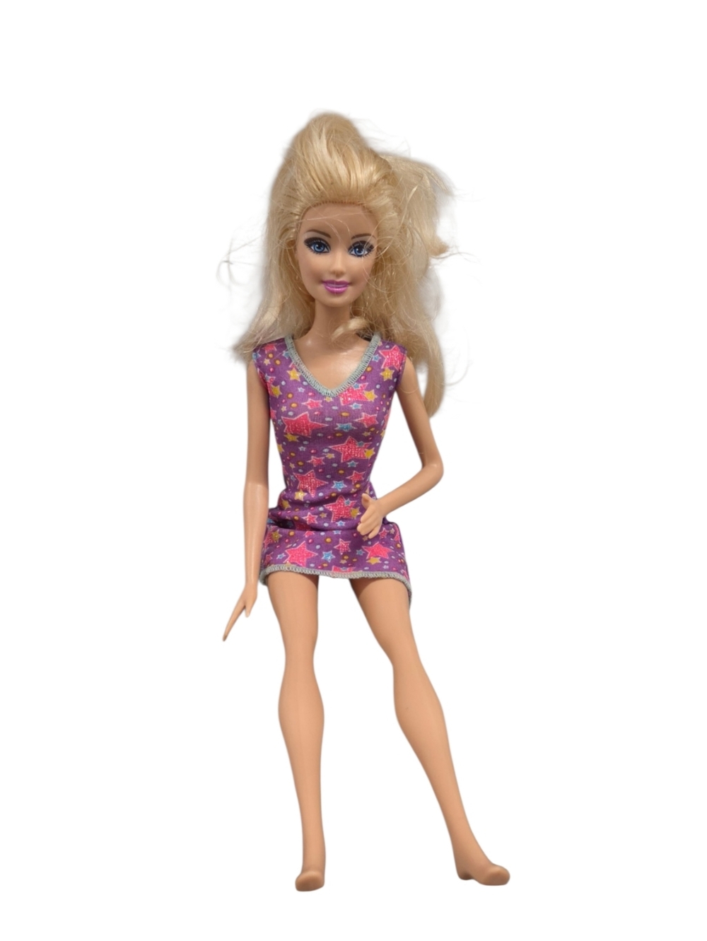 Vintage 1998 Head 2013 Body Mattel Blonde Doll in Purple Star-Trim Dress